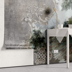 Tapet Personalizat Victorian cu peisaj vegetal cu un paun si perete de piatra - STONE VICTORIAN PEACOCK