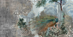 Tapet Personalizat Victorian cu peisaj vegetal cu un paun si perete de piatra - STONE VICTORIAN PEACOCK