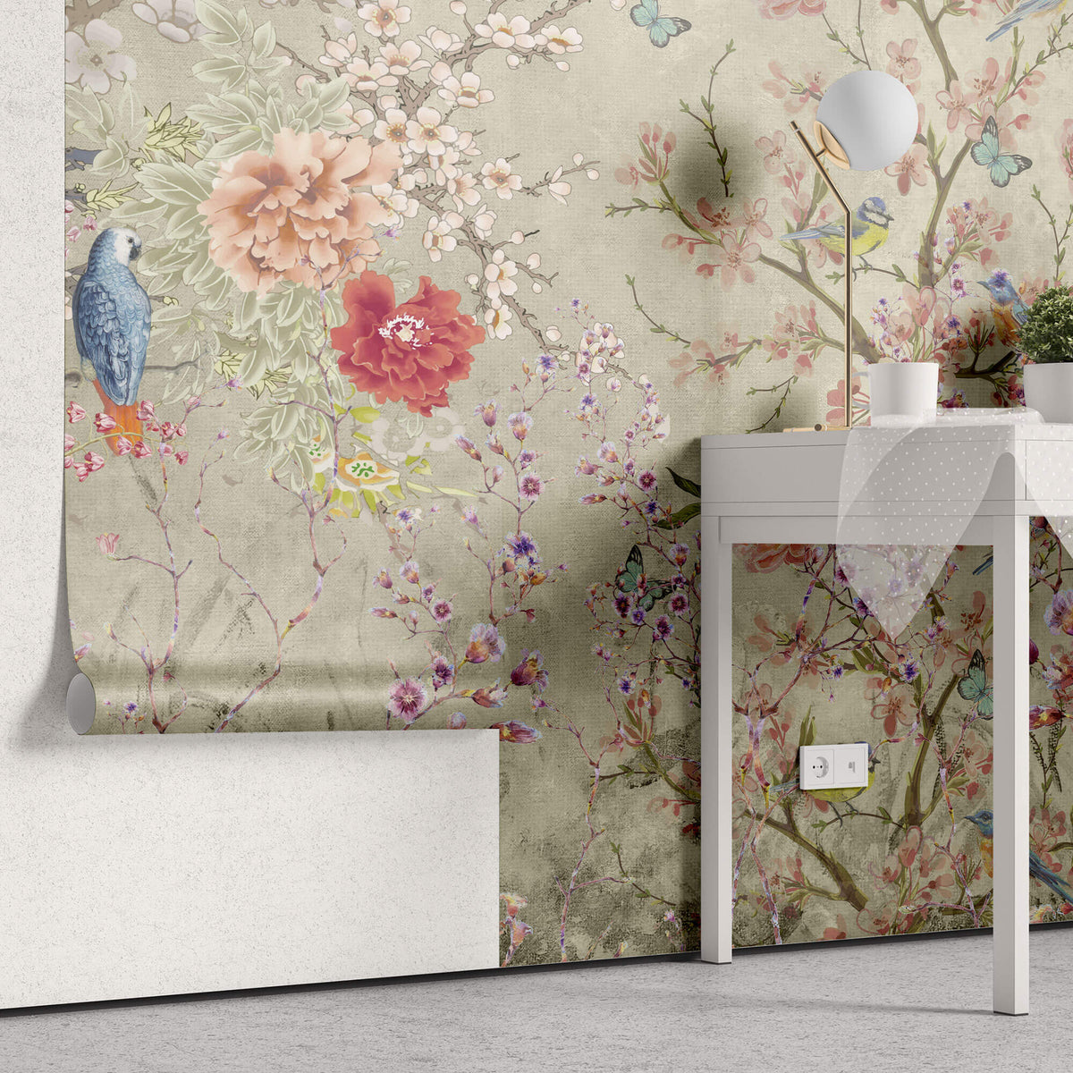 Tapet Personalizat Victorian cu gradina inflorita si pasari colorate - VICTORIAN VIVID GARDEN