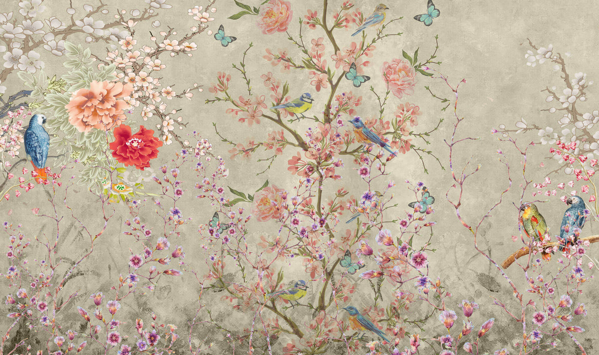 Tapet Personalizat Victorian cu gradina inflorita si pasari colorate - VICTORIAN VIVID GARDEN
