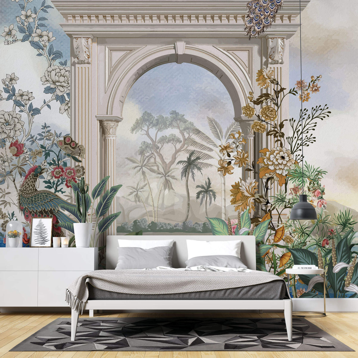 Tapet Personalizat Victorian cu arcada de piatra si vegetatie cu pauni - MAJESTIQUE PEACOCK ARCH