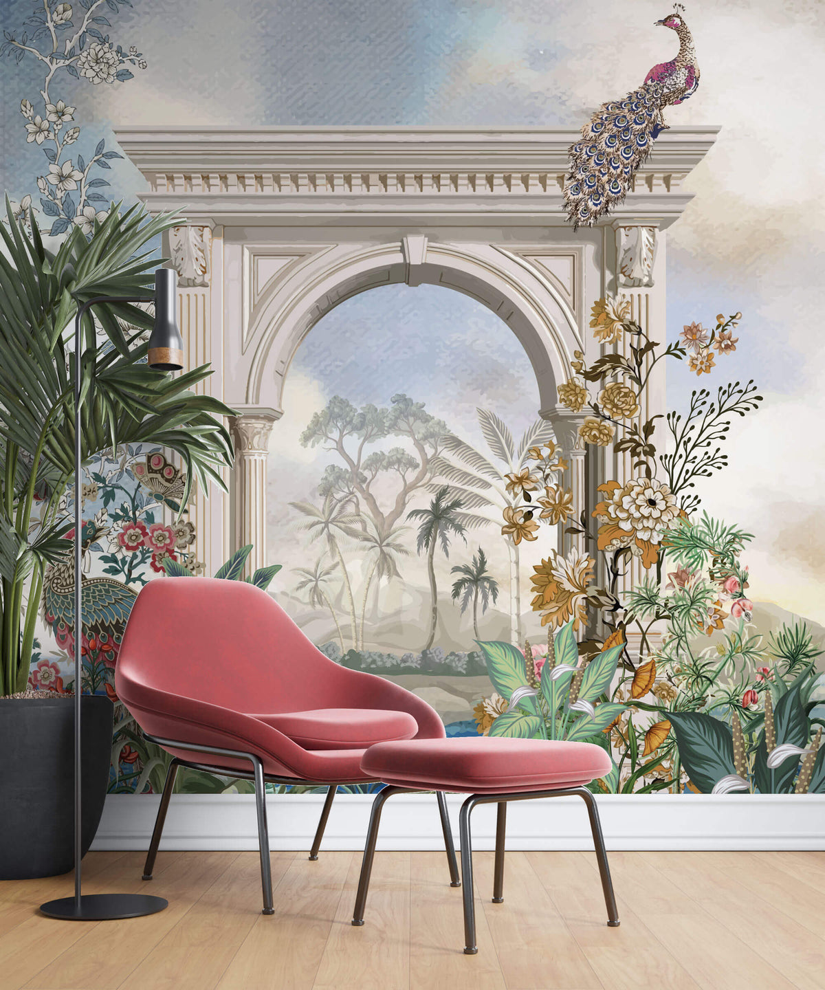 Tapet Personalizat Victorian cu arcada de piatra si vegetatie cu pauni - MAJESTIQUE PEACOCK ARCH