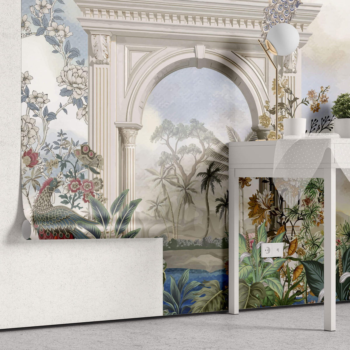 Tapet Personalizat Victorian cu arcada de piatra si vegetatie cu pauni - MAJESTIQUE PEACOCK ARCH