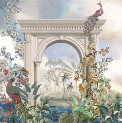 Tapet Personalizat Victorian cu arcada de piatra si vegetatie cu pauni - MAJESTIQUE PEACOCK ARCH