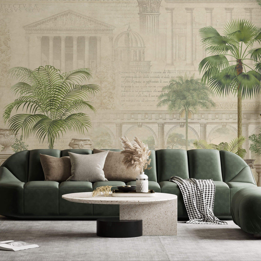 Tapet Personalizat Victorian cu cladire eche cu inscriptii si palmieri - ROMAN INSCRIPTIONS