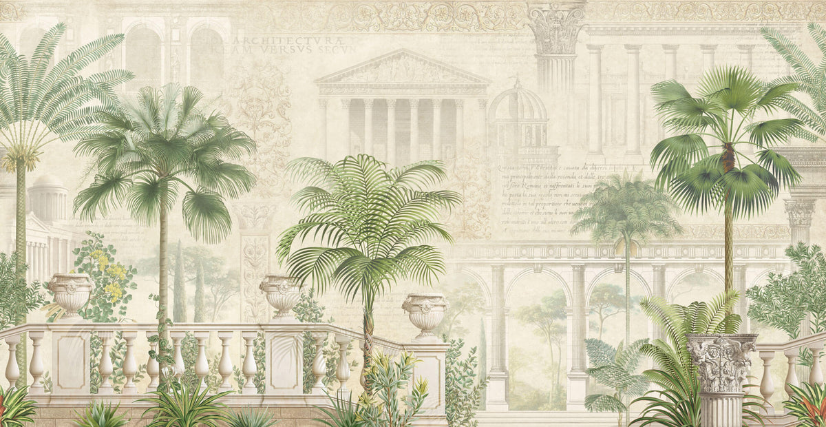 Tapet Personalizat Victorian cu cladire eche cu inscriptii si palmieri - ROMAN INSCRIPTIONS