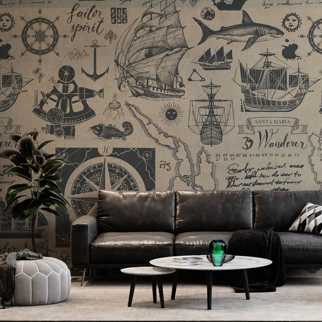 Tapet personalizat cu harta maritima veche cu elemente specifice busola corabii animale marine munti ancore vintage sailor's map