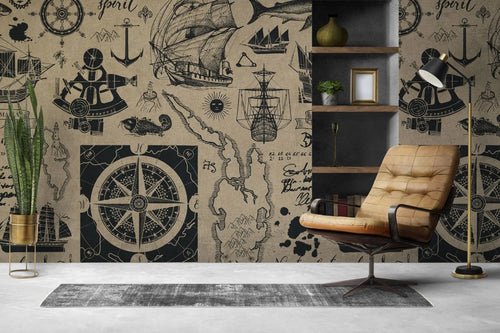 Tapet personalizat cu harta maritima veche cu elemente specifice busola corabii animale marine munti ancore vintage sailor's map