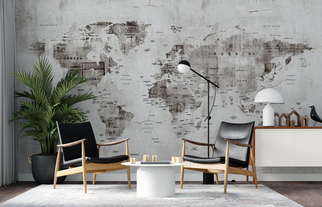 Tapet Personalizat cu harta lumii in stil grunge cu textura de perete cimentat - GRUNGE WORLD'S MAP