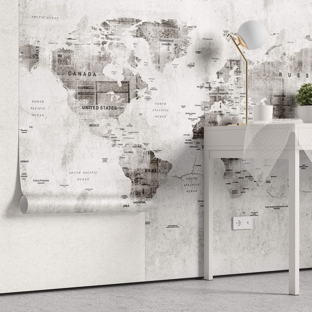 Tapet Personalizat cu harta lumii in stil grunge cu textura de perete cimentat - GRUNGE WORLD'S MAP