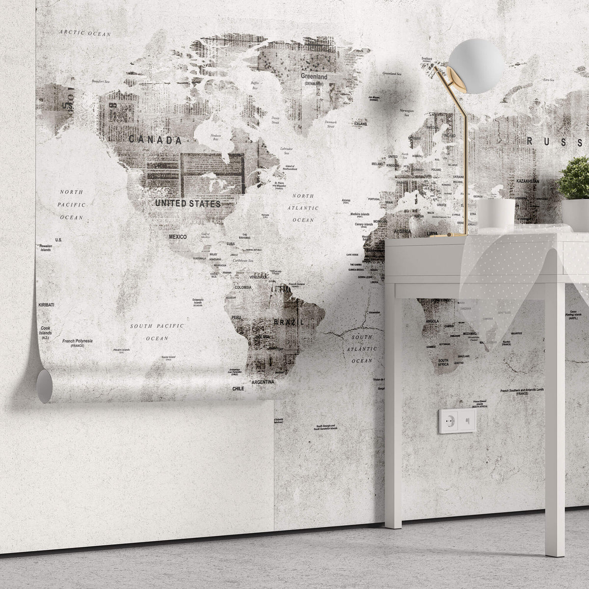Tapet Personalizat cu harta lumii in stil grunge cu textura de perete cimentat - GRUNGE WORLD'S MAP