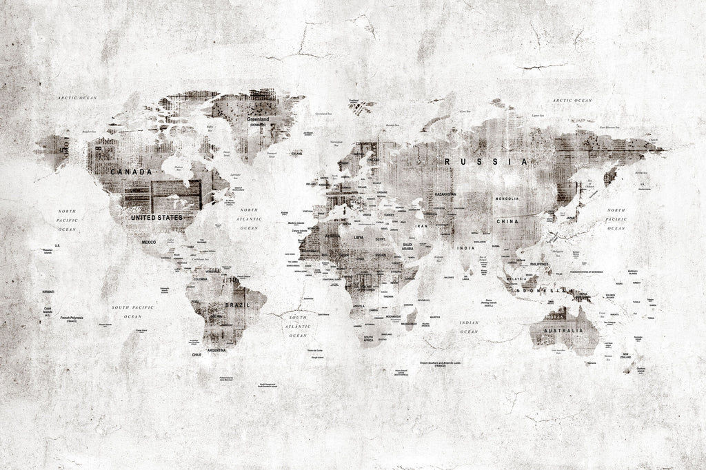 Tapet Personalizat cu harta lumii in stil grunge cu textura de perete cimentat - GRUNGE WORLD'S MAP