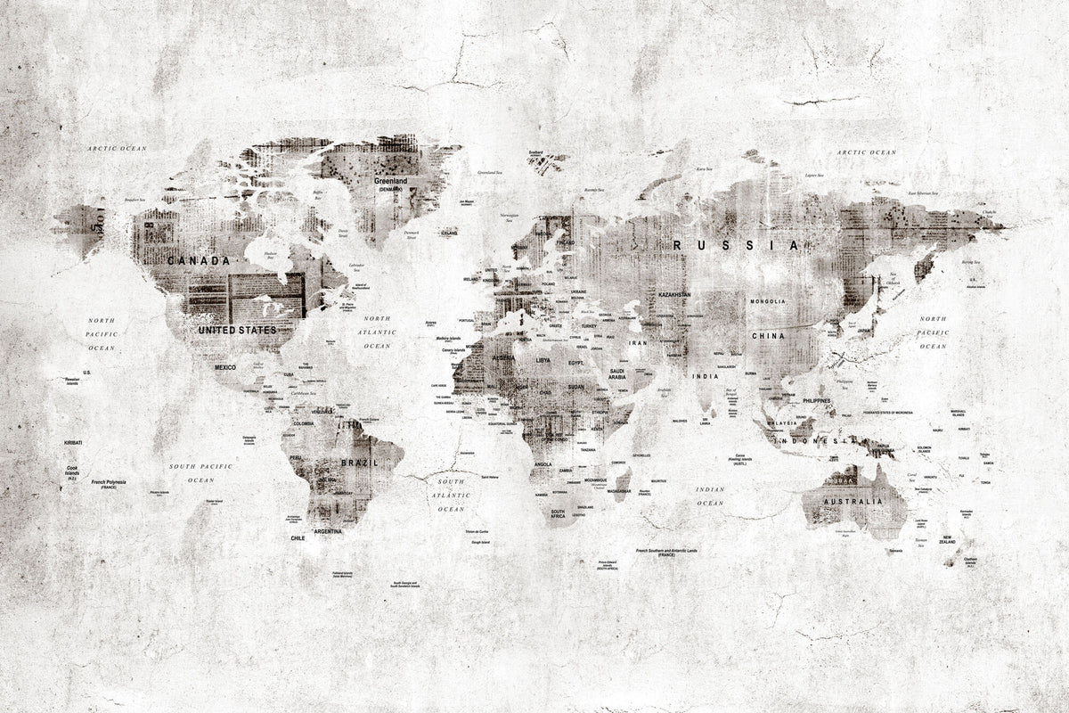 Tapet Personalizat cu harta lumii in stil grunge cu textura de perete cimentat - GRUNGE WORLD'S MAP