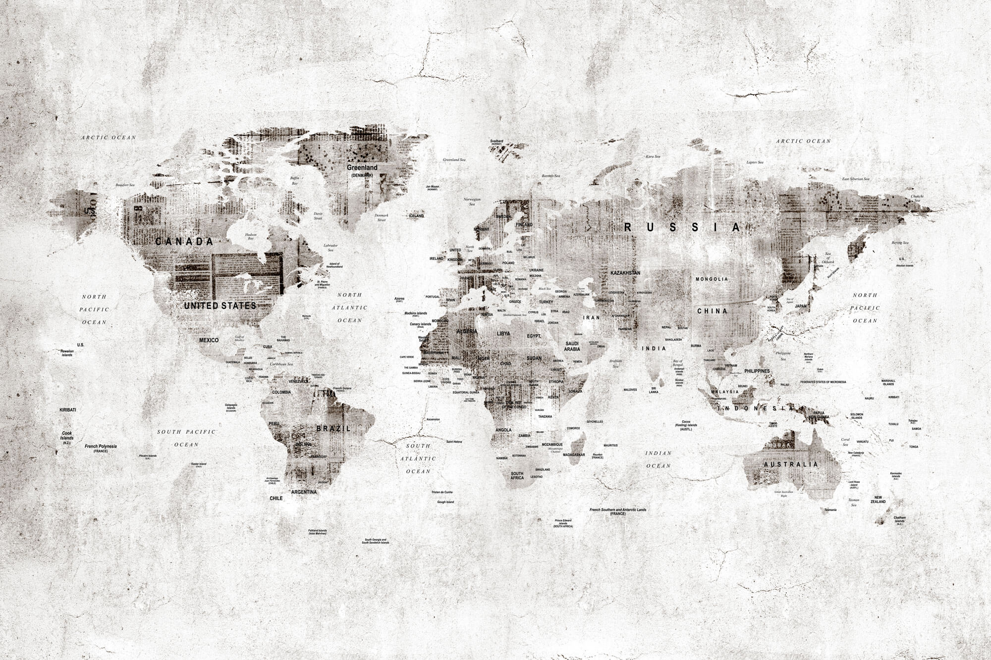 Tapet Personalizat cu harta lumii in stil grunge cu textura de perete cimentat - GRUNGE WORLD'S MAP