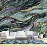 Tapet personalizat marble cu model de marmura in valuri in nuante de verde si mov cu insertii aurii algae