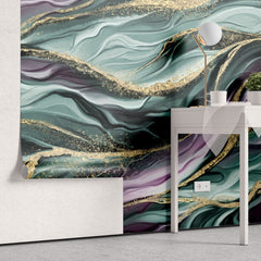 Tapet personalizat marble cu model de marmura in valuri in nuante de verde si mov cu insertii aurii algae