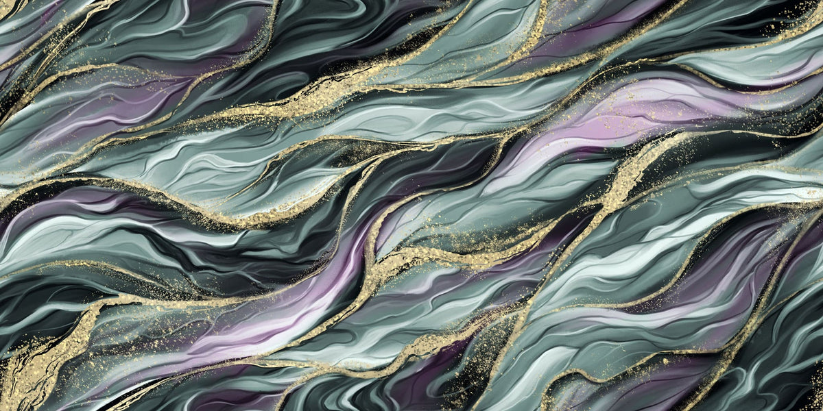 Tapet personalizat marble cu model de marmura in valuri in nuante de verde si mov cu insertii aurii algae
