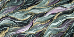 Tapet personalizat marble cu model de marmura in valuri in nuante de verde si mov cu insertii aurii algae