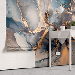 Tapet personalizat marble cu model de marmura in nuante albastre cu insertii de bronz auriu dawn