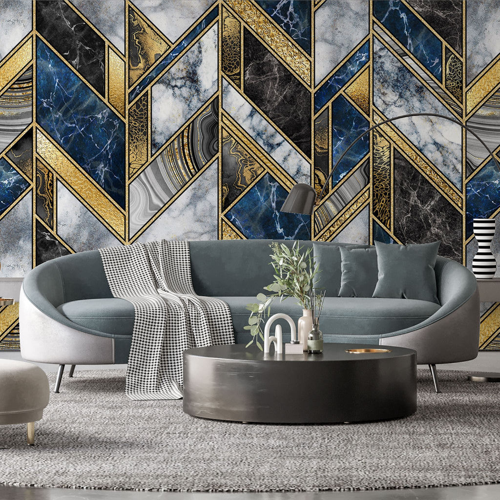 Tapet personalizat marble in stil luxury cu marmura alba albastra si neagra cu insertii aurii luxury marble
