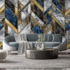 Tapet personalizat marble in stil luxury cu marmura alba albastra si neagra cu insertii aurii luxury marble