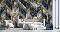 Tapet personalizat marble in stil luxury cu marmura alba albastra si neagra cu insertii aurii luxury marble