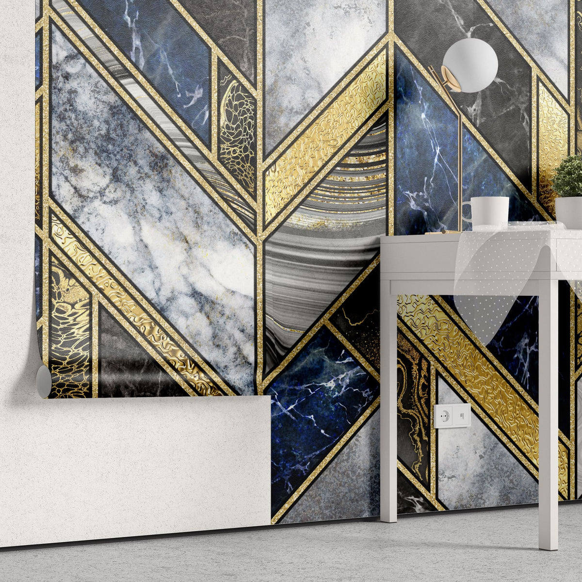 Tapet personalizat marble in stil luxury cu marmura alba albastra si neagra cu insertii aurii luxury marble