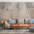Tapet personalizat marble cu model de marmura alba si roz pudrat in forme geometrice cu contur auriu luxury storm