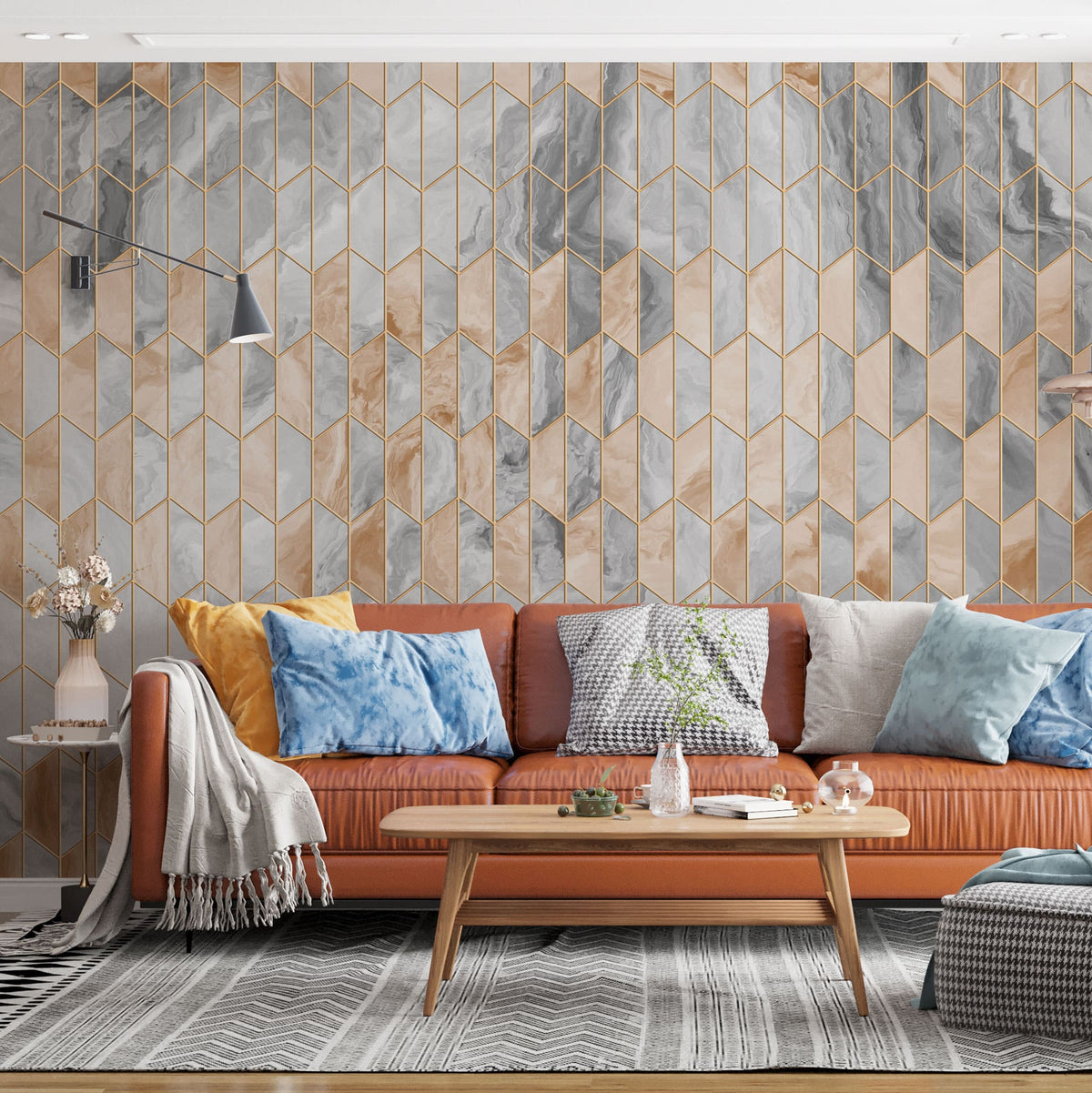Tapet personalizat marble cu model de marmura alba si roz pudrat in forme geometrice cu contur auriu luxury storm