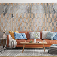 Tapet personalizat marble cu model de marmura alba si roz pudrat in forme geometrice cu contur auriu luxury storm
