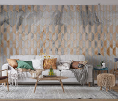 Tapet personalizat marble cu model de marmura alba si roz pudrat in forme geometrice cu contur auriu luxury storm