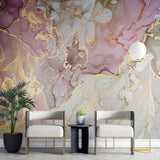 Tapet personalizat marble cu model de marmura alba si roz cu insertii aurii rose gold marble
