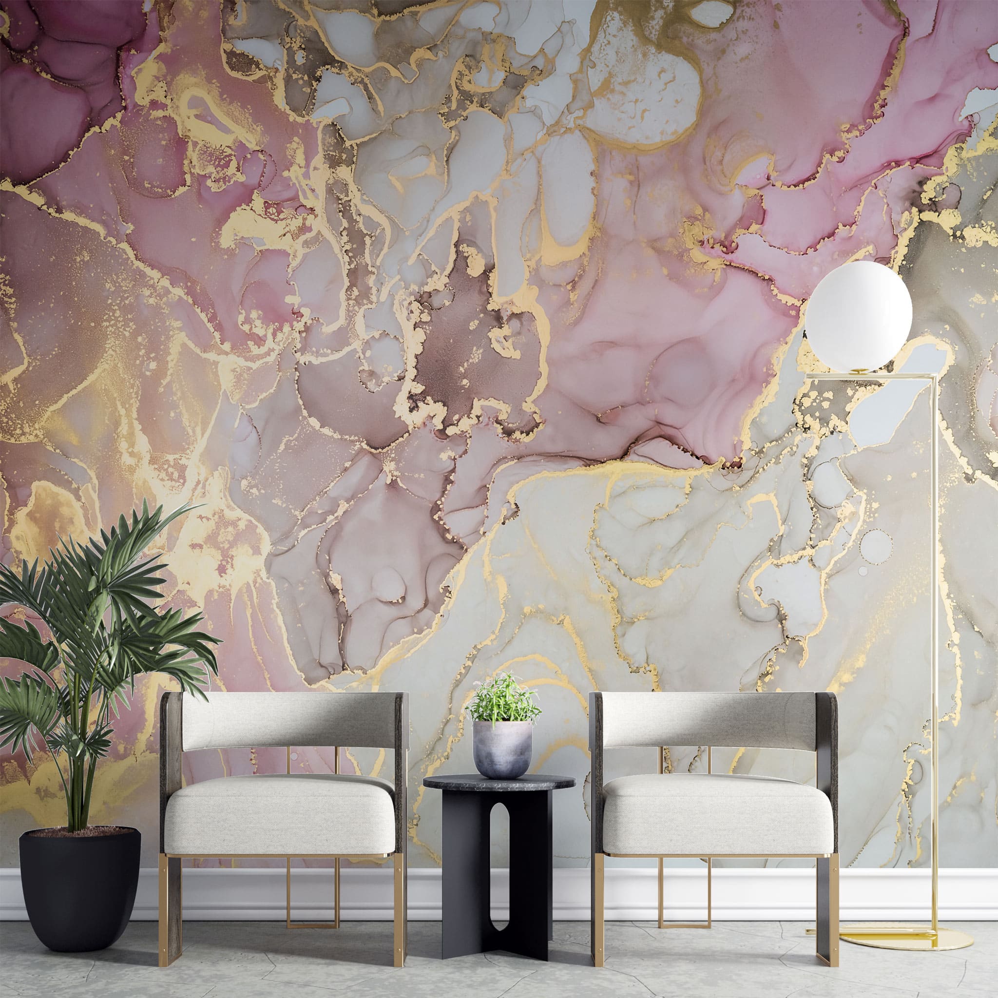 Tapet personalizat marble cu model de marmura alba si roz cu insertii aurii rose gold marble