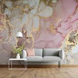 Tapet personalizat marble cu model de marmura alba si roz cu insertii aurii rose gold marble