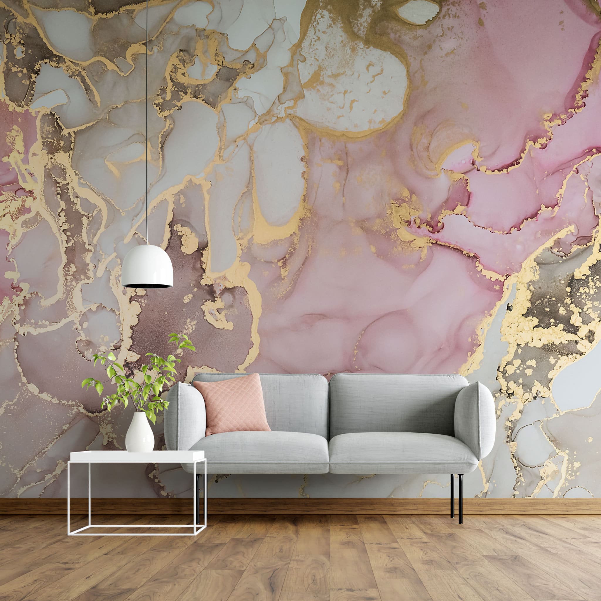 Tapet personalizat marble cu model de marmura alba si roz cu insertii aurii rose gold marble