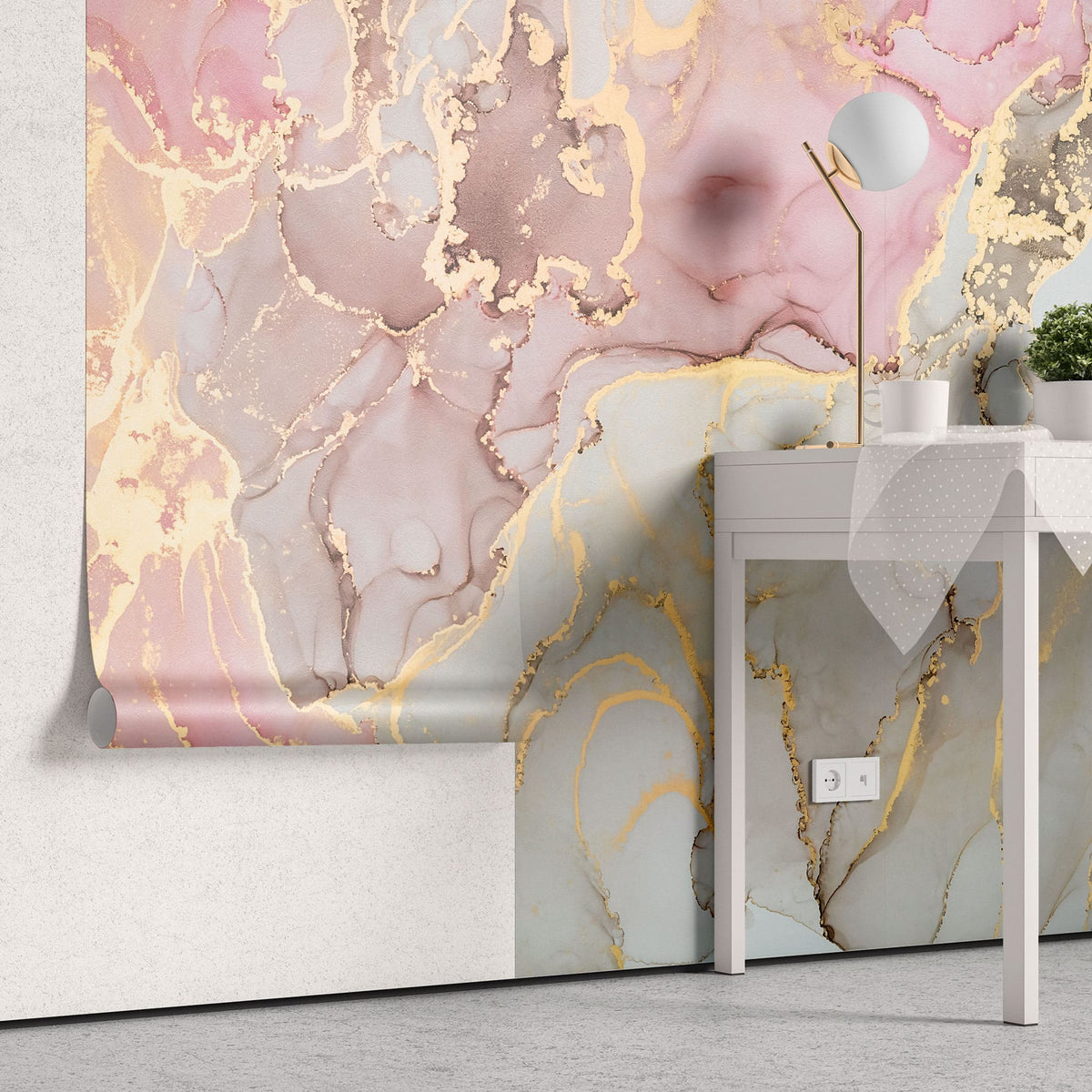 Tapet personalizat marble cu model de marmura alba si roz cu insertii aurii rose gold marble