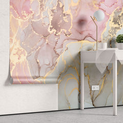 Tapet personalizat marble cu model de marmura alba si roz cu insertii aurii rose gold marble