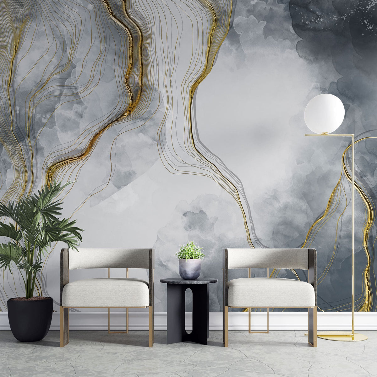 Tapet personalizat marble cu model de marmura alba si gri cu insertii aurii white marble