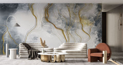 Tapet personalizat marble cu model de marmura alba si gri cu insertii aurii white marble