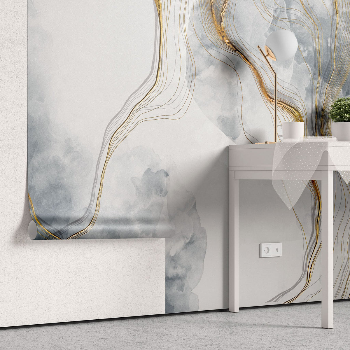 Tapet personalizat marble cu model de marmura alba si gri cu insertii aurii white marble