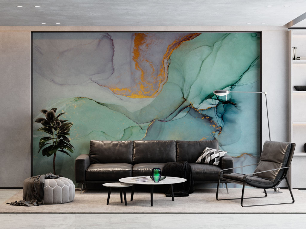 Tapet personalizat marble cu marmura colorata in nuante de albastru si portocaliu sunset marble