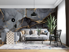 Tapet personalizat marble cu marmura neagra cu accente aurii black gold