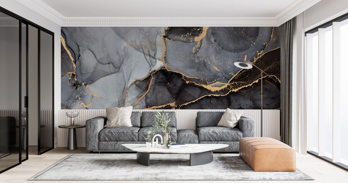 Tapet personalizat marble cu marmura neagra cu accente aurii black gold