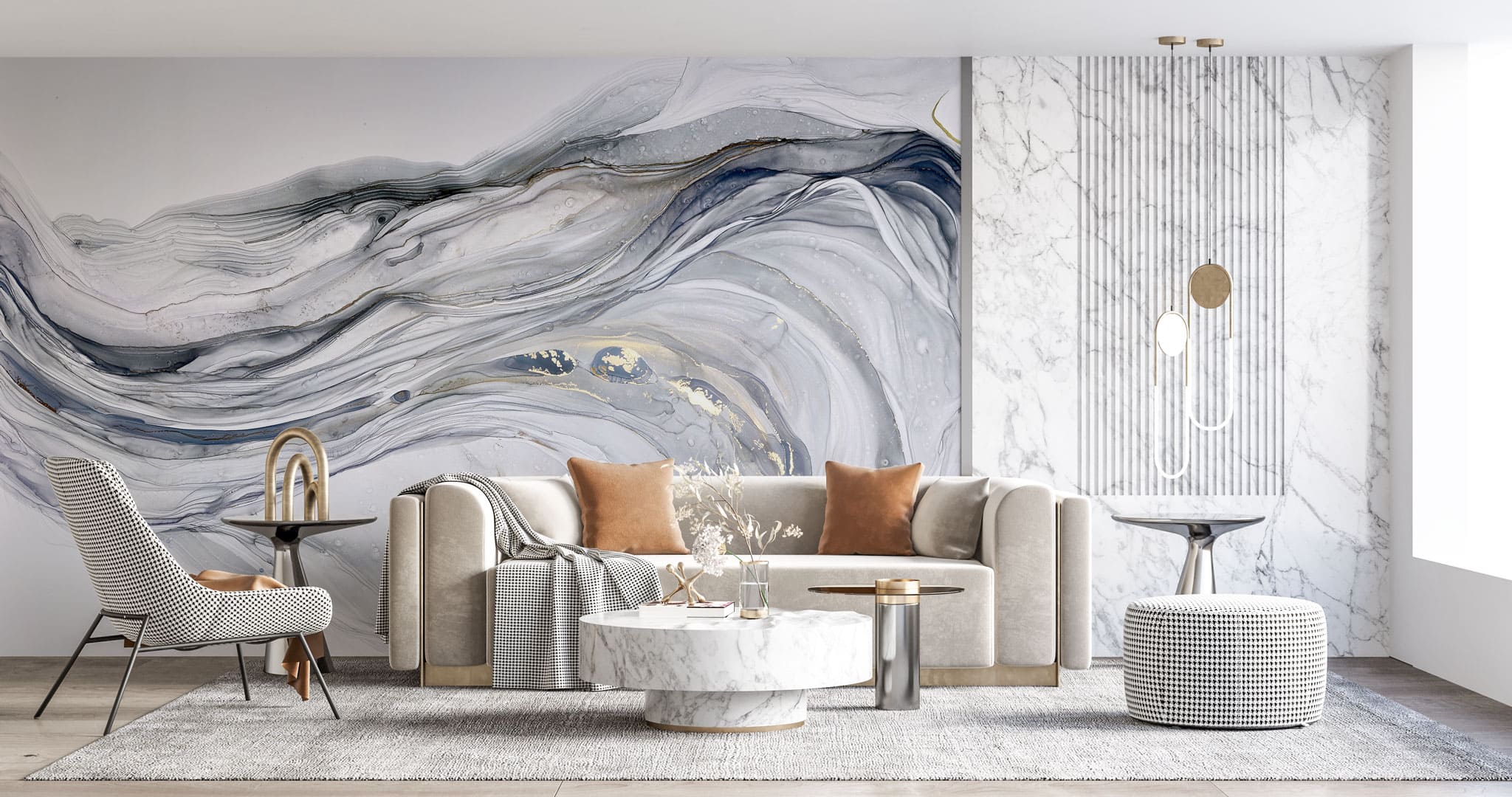 Tapet personalizat marble cu marmura alba si gri in forma de val marble wave