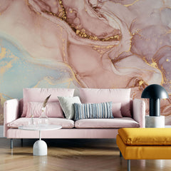 Tapet personalizat marble cu marmura in nuante de roz pudrat si albastru deschis blissful