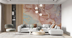 Tapet personalizat marble cu marmura in nuante de roz pudrat si albastru deschis blissful