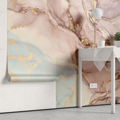 Tapet personalizat marble cu marmura in nuante de roz pudrat si albastru deschis blissful