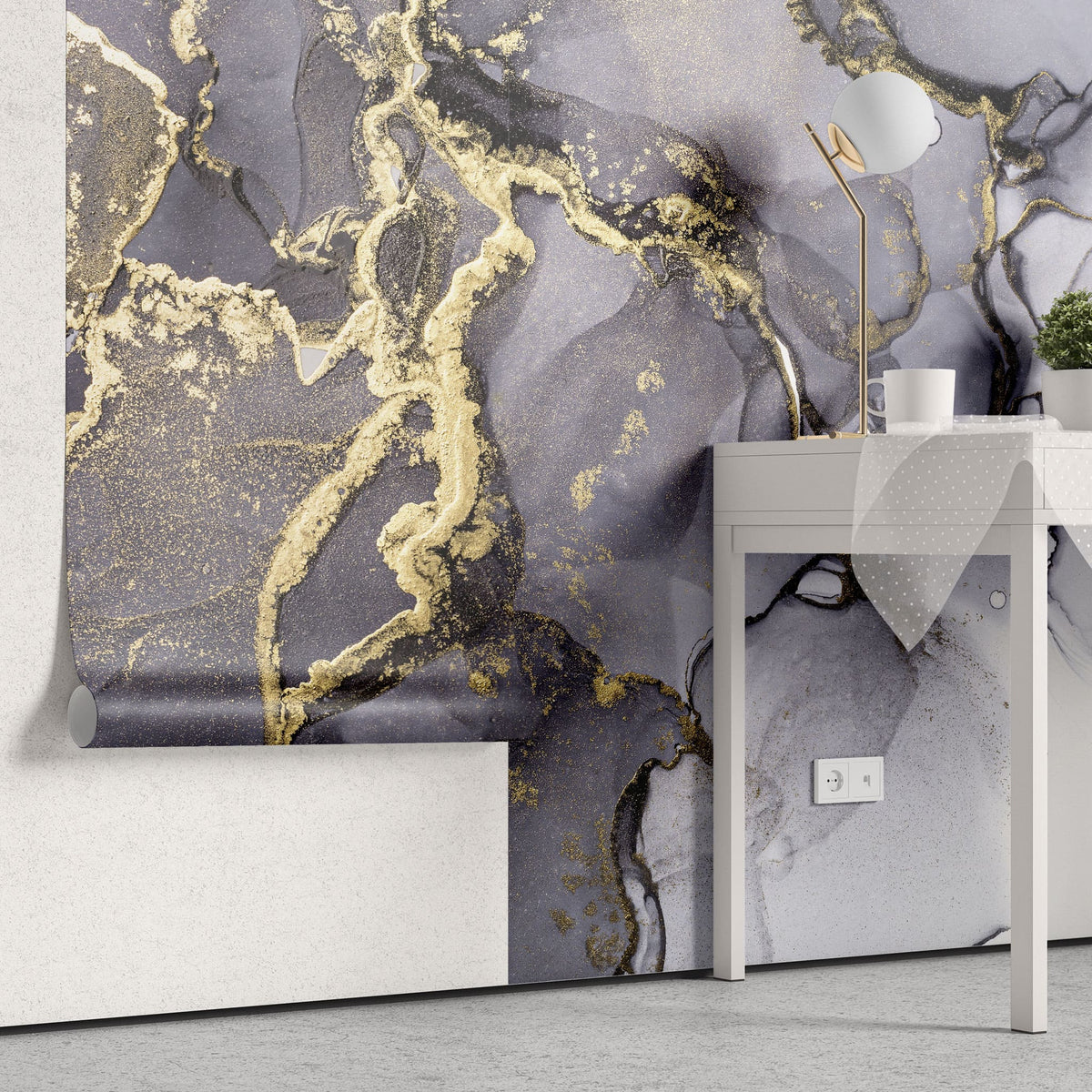 Tapet personalizat marble cu marmura in nuante de cerneala cu accente aurii golden ink