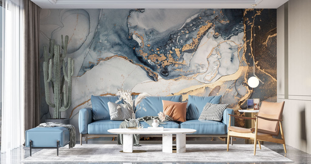 Tapet personalizat marble cu marmura in nuante fumurii cu accente aurii pouring glitter