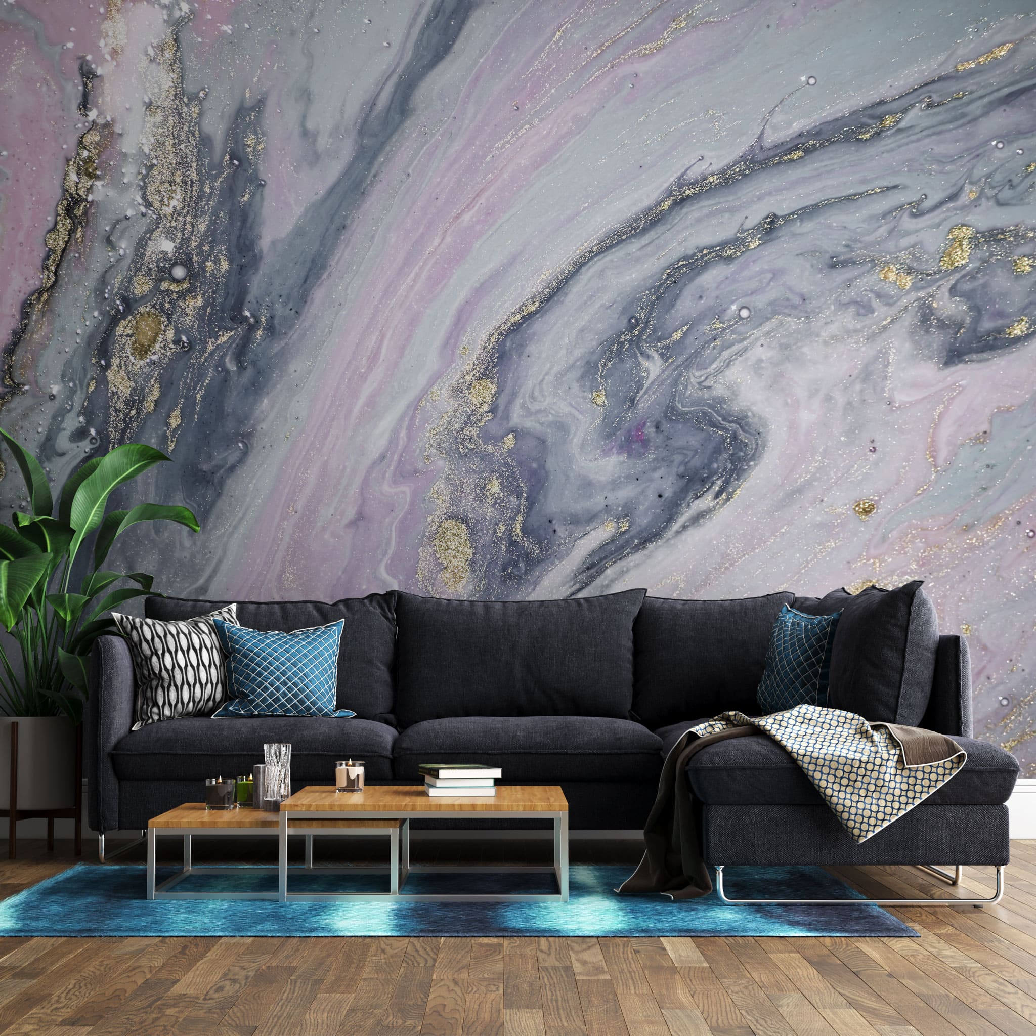 Tapet personalizat marble cu marmura in nuante de roz si gri cu accente sclipitoare aurii nebula